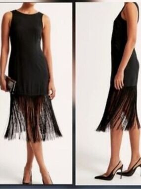 Abercrombie & Fitch Black Sleeveless Fringe-Hem Midi Dress back zipper large T
